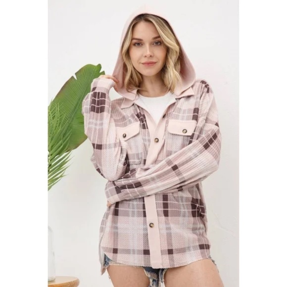 Pink Plaid Hooded Button-Up Shacket – Soft & Cozy-NWT Med & Large - Picture 1 of 4